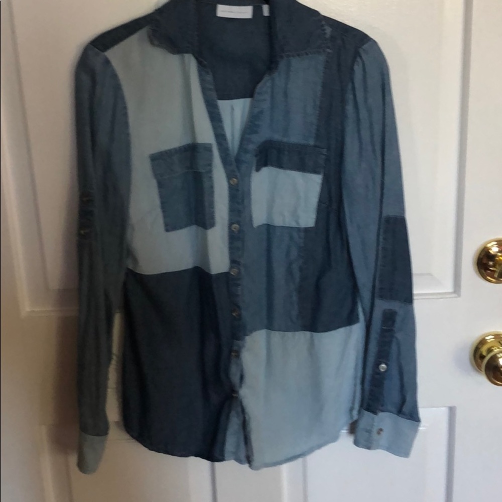 New York & company denim patchwork blouse top XS